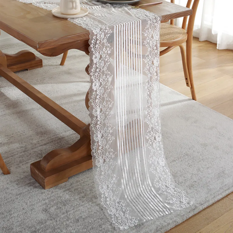 Romantic Semi-Sheer Embroidery White Lace Table Runner for Dining Table Wedding Party Home Decor Accessories