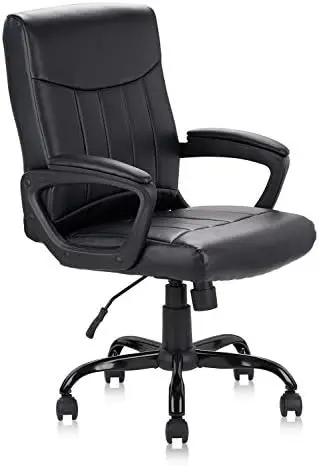 

Leather Office Executive Chair, Mid Back Computer Desk Chair with Lumbar Support and Padded Armrests, Ergonomic Adjustable Swive