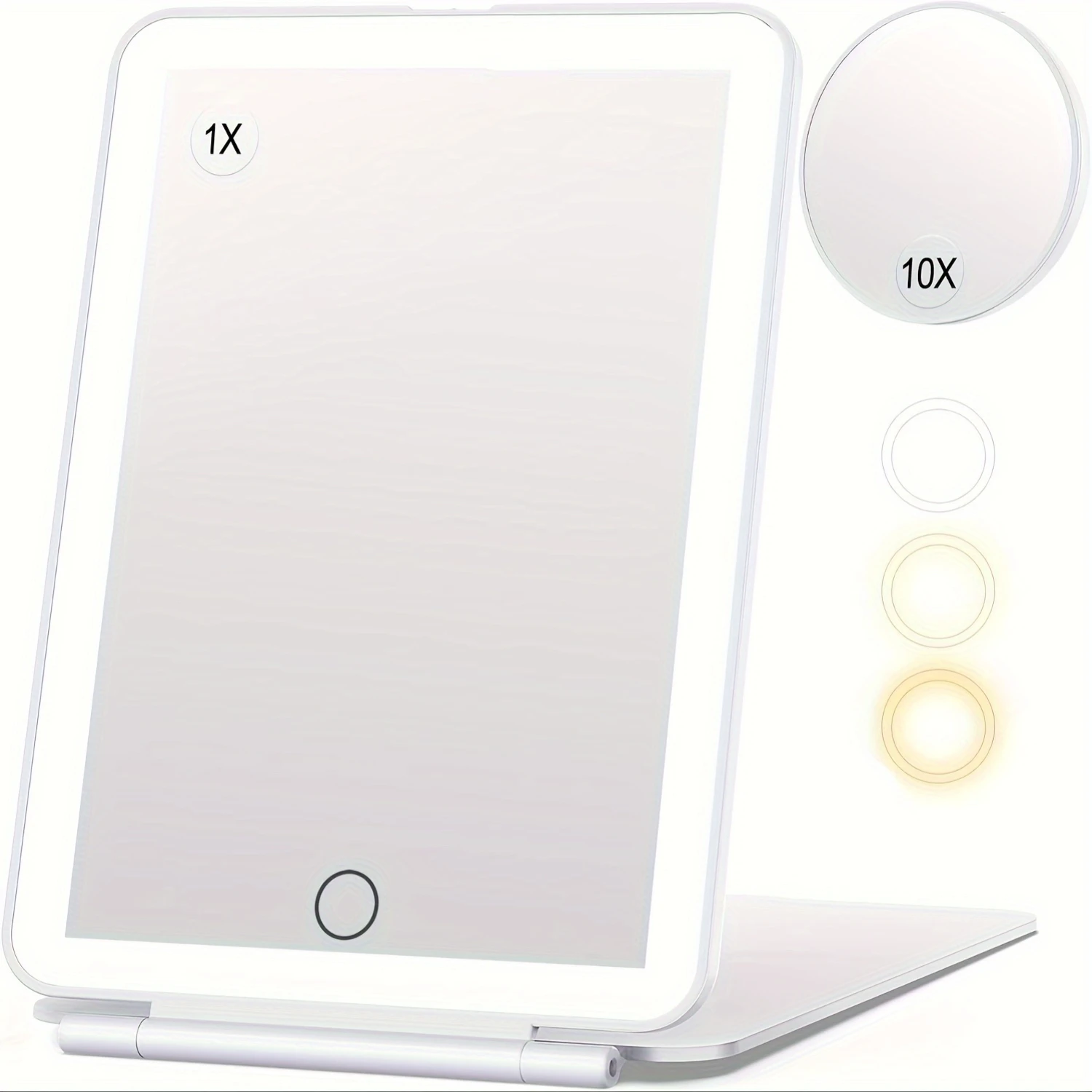 Ultra Slim Portable Travel Makeup Mirror with 10X Magnifying Mirror, 3 Color Lighting, Rechargeable Batteries - Essential Vanity