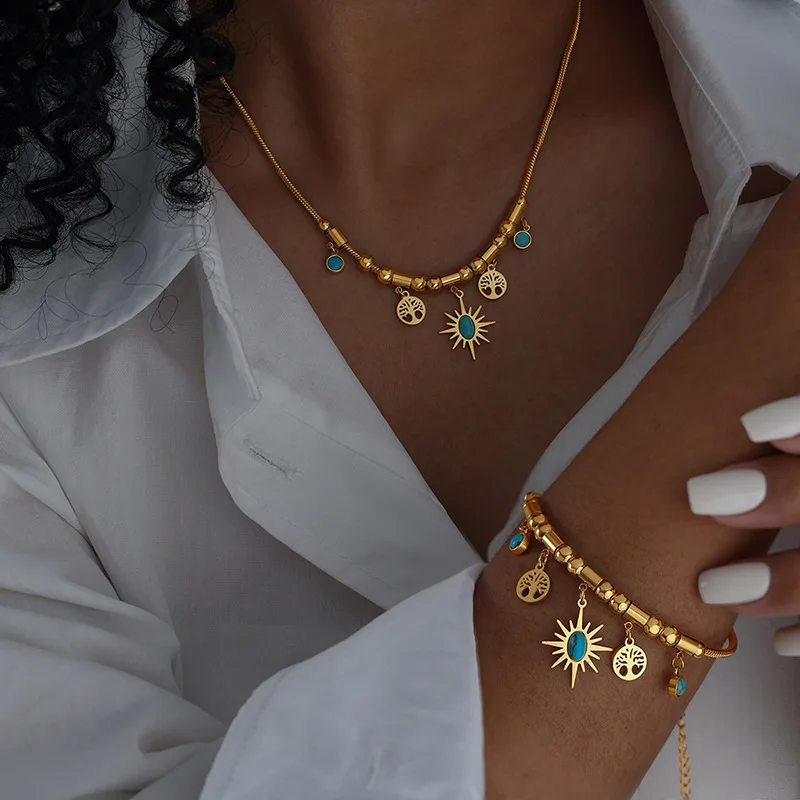 Joyería bohemia Vintage resistente al agua chapado en oro de 18k 316L Acero inoxidable Árbol de la vida collar con colgantes de turquesa YF3586