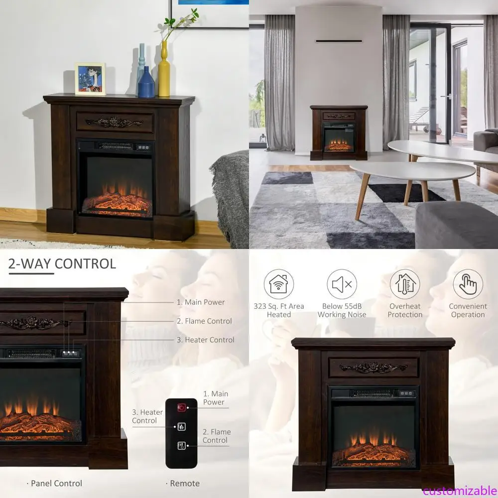 

32-Inch Electric Fireplace with Mantel, LED Log Flame, Overheat Protection, and Remote Control, 1400W