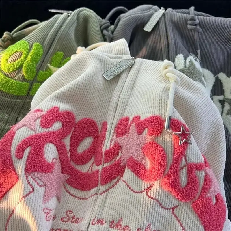 الأمريكية الرجعية التطريز هوديس المرأة الخريف الشتاء زمم بلوزات الشارع الشهير الرباط رسالة مقنعين القمصان السترات