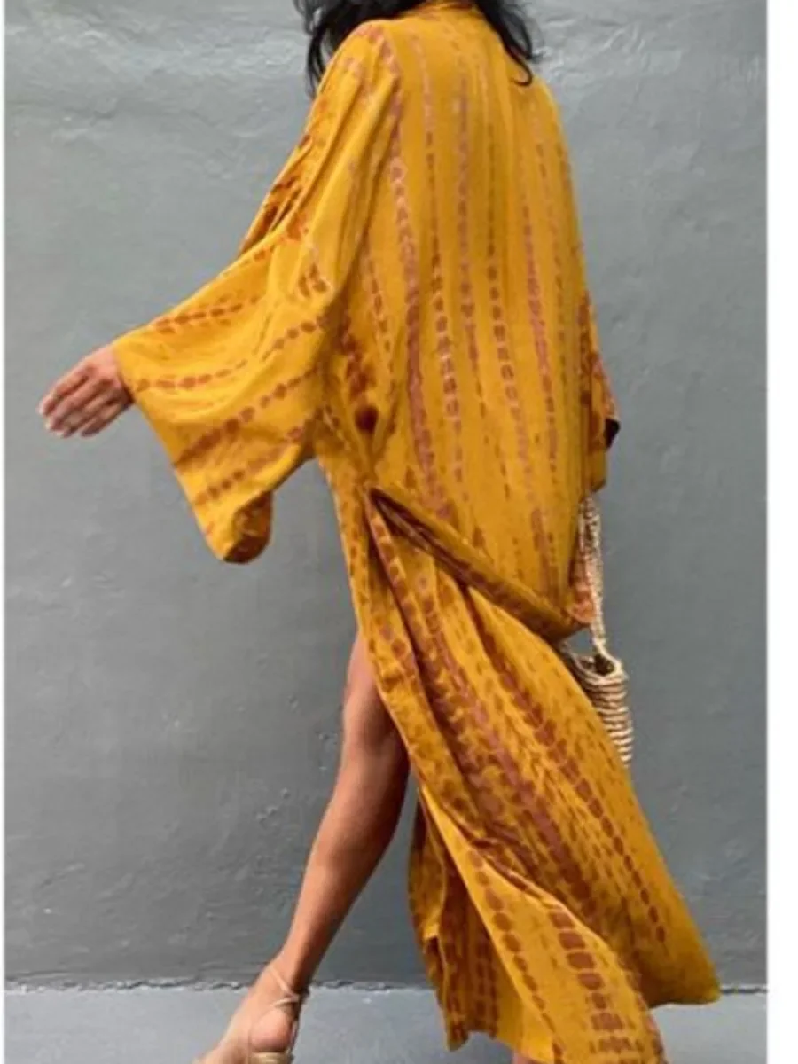 タイダイビキニカバーアップ夏プリント水着ケープパレオボヘミアンホリデービーチ着物ドレスセルフベルト付き水着