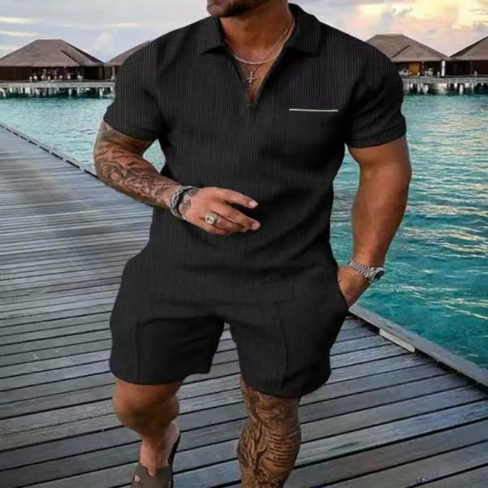 Men's summer casual sportswear set POLO shirt short sleeve and drawstring pocket shorts