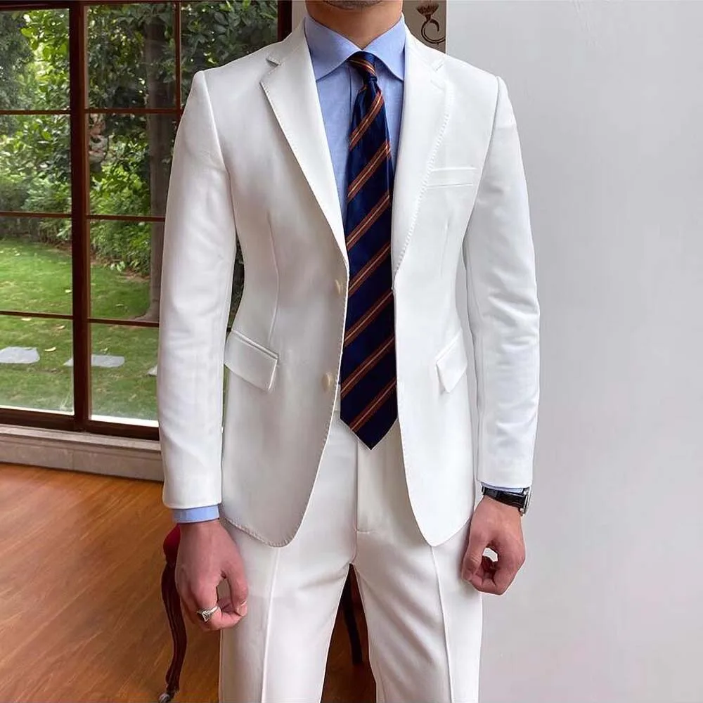 New Fashion Men Suits White Notch Lapel Two Buttons Male Blazer Smart Casual Groom Wedding Tuxedo Suit Slim Fit 2 Piece Set