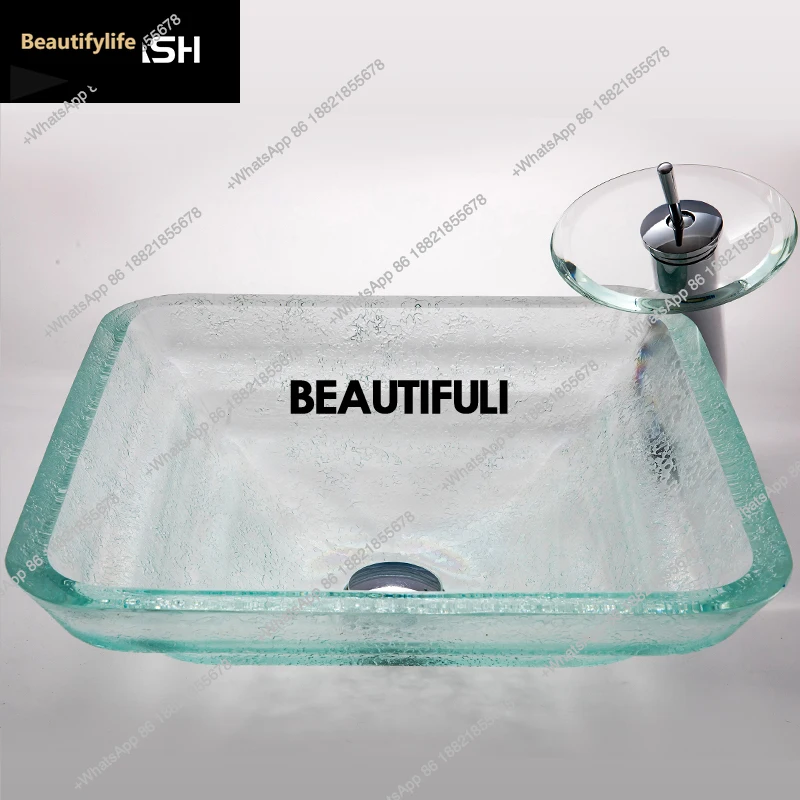 B567 European tempered glass countertop basin, light luxury frosted transparent glass art basin, carving process washbasin GN105