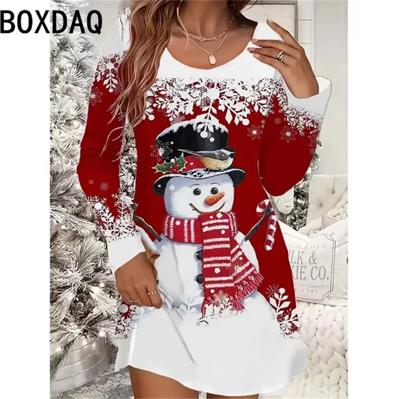 Ladies\' Christmas Party Dress New 3D Red Christmas Snowman Printed Dress Long Sleeve O-Neck Casual Loose Mini Dress Vestidos