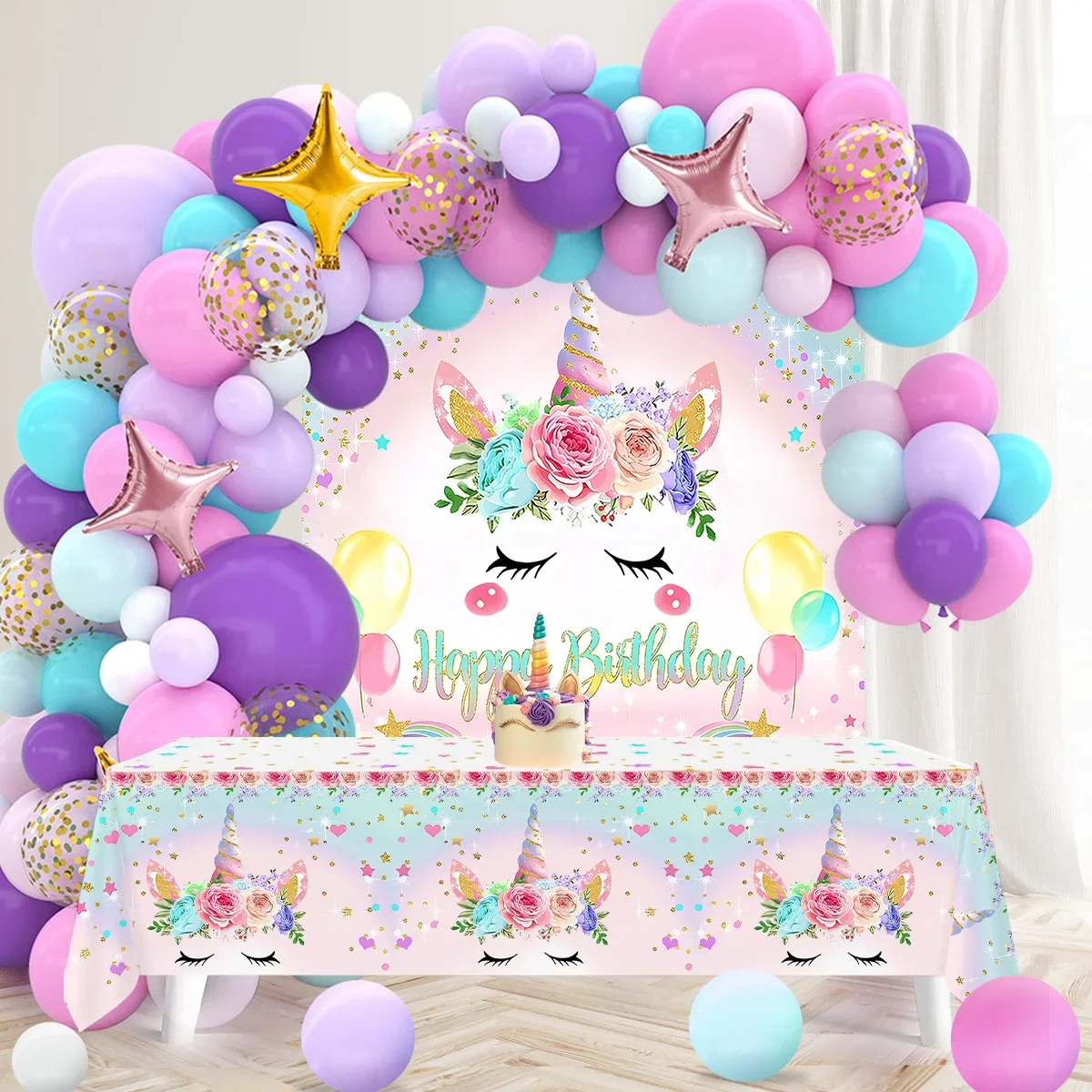 

Unicorn Birthday Party Decoration Rainbow Unicorn Backdrop Tablecloth Balloons Baby Shower Kids Girl Birthday Party Supplies