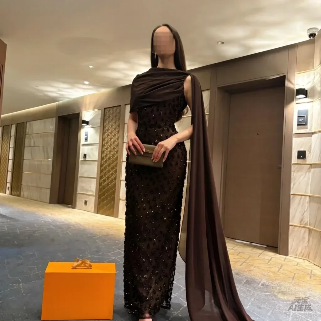 

Индивидуальное шоколадно-коричневое вечернее платье на одно плечо с пайетками, бисером и драпировкой, роскошные вечерние платья 2026