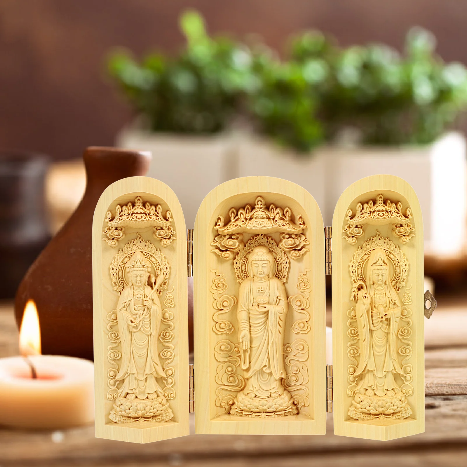 

Wood Buddha Statue Retro Design Desktop Decoration Small Space Saving Zen Decor for Home Temple Wood Craft Sculpture Buddha