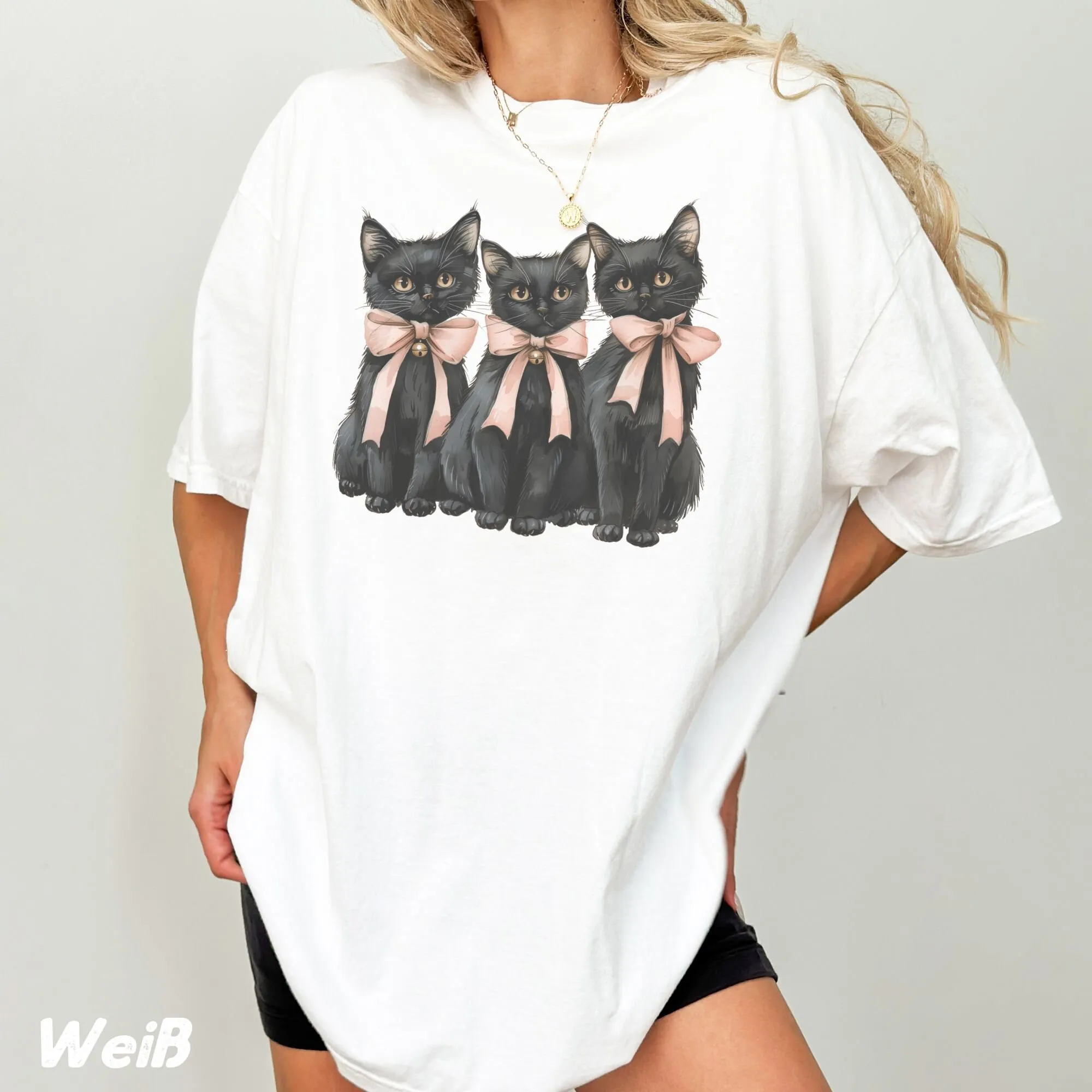 Flirty Halloween T Shirt Black Cats With Bow Cute Spooky Seasen Cat Owner Costume