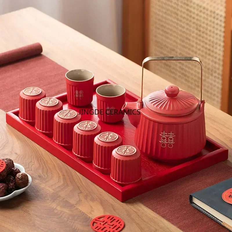 Exquisite Red Ceramic Tea Pot and Cup Set Custom Chinese Wedding Tea Set Handmade Ball Hole Filter Teapot Home Beauty Teaware