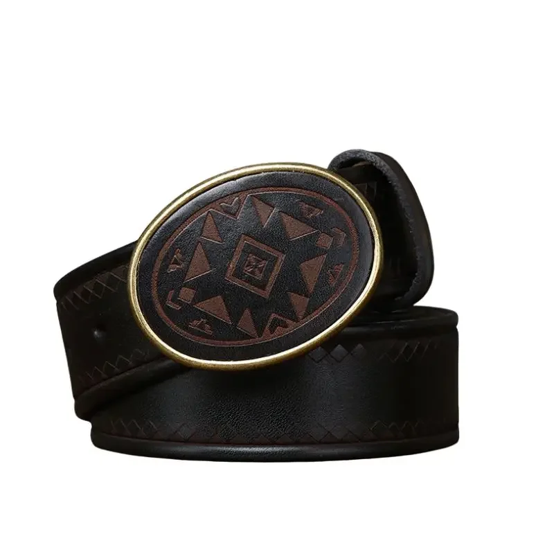 Vintage Laser Engraved Smooth Buckle Belt – Men's Full Grain Leather, Casual Fashion Style