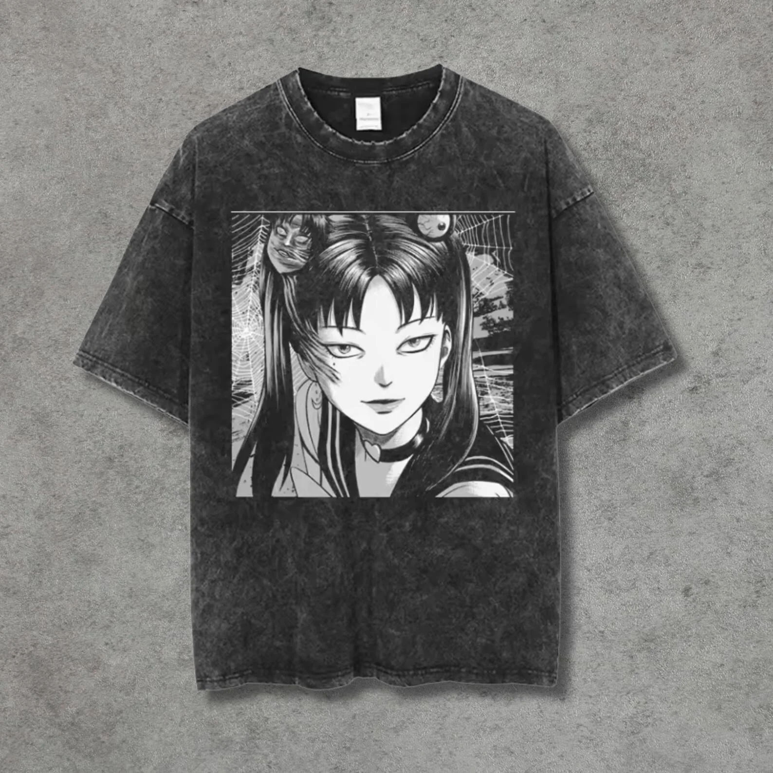 Camiseta Retro de Algodón Negro Lavado con Estampado de Chica Gótica de Manga de Terror con Telaraña, Estilo Oversize Streetwear