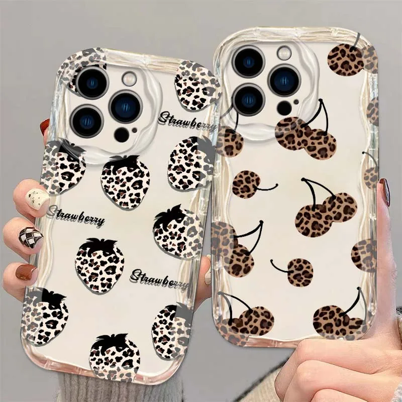 

Leopard Cherry Bow Strawberry For Apple iPhone 16 16E 15 14 13 12 11 XR XS X Pro Max Plus Wave Oil Cover Soft Funda Phone Case
