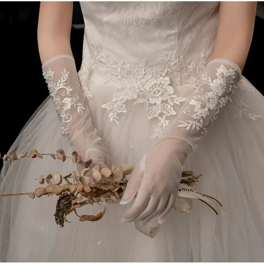 

Модные белые кружевные свадебные нарядные перчатки Флора длинные/короткие перчатки невесты аксессуары для невесты варежки для вождения для женщин и девочек