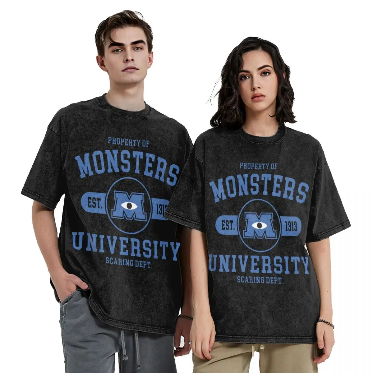 Unisex Monsters University T-Shirt, Tees gráficos, Hip Hop, lavado, de grandes dimensões, Streetwear Tops, estudantes, homens, mulheres