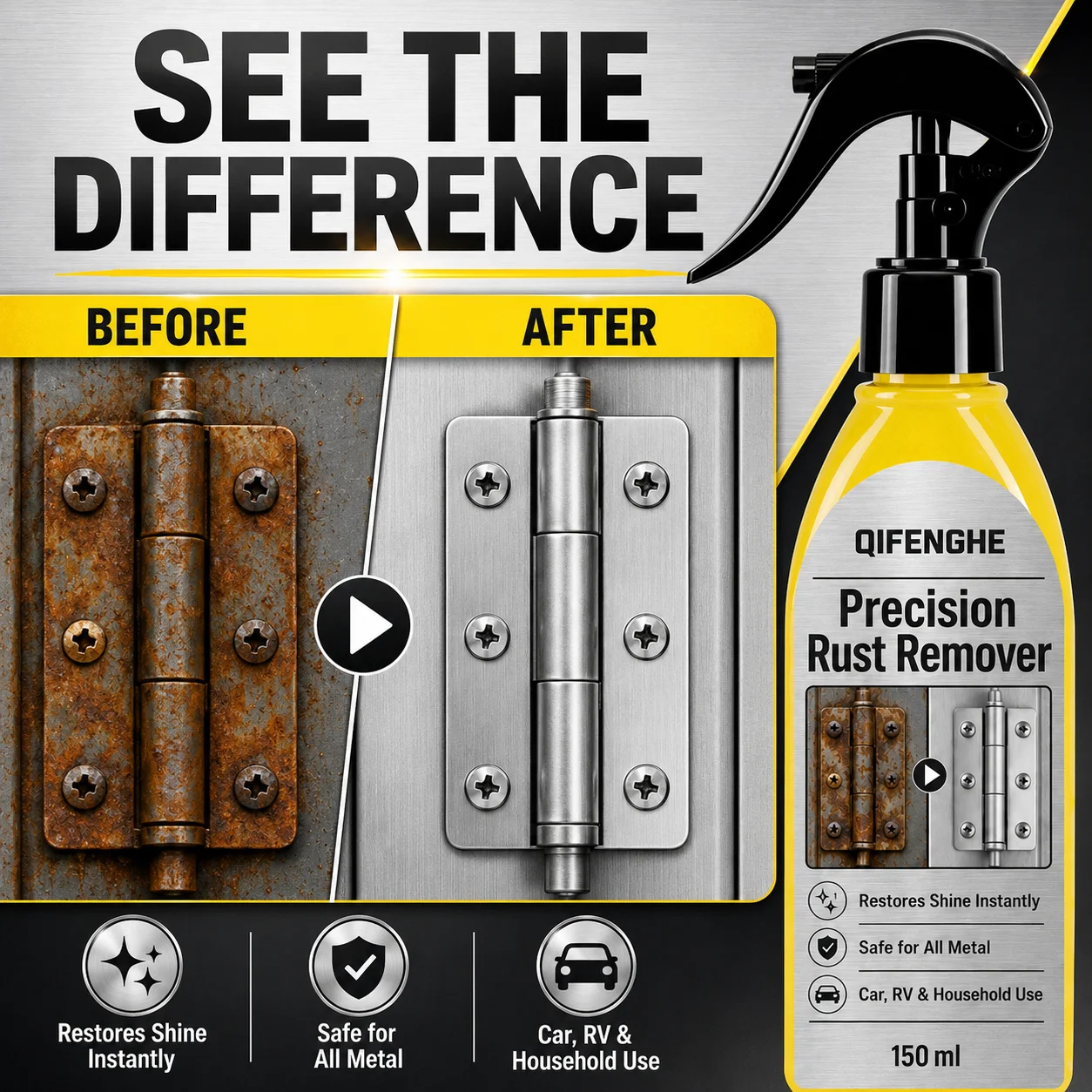 QIFENGHE Fast Rust Remover & Metal Polish Spray, Remove Iron Powder, Lubricate & Protect Alloy Wheels