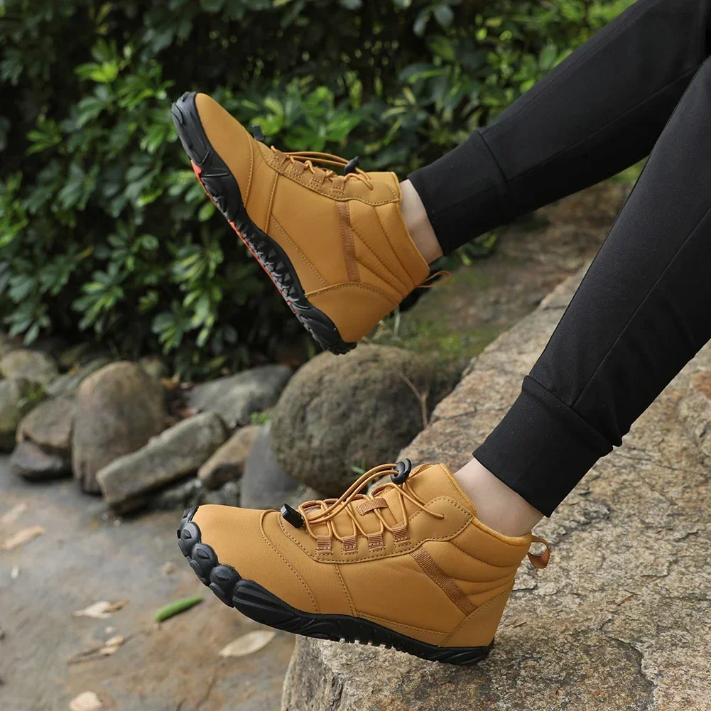 Men Women Waterproof Military Boots Yellow High Top Trekking Shoes Anti Slip Plush Lined for Travel Climbing Hiking