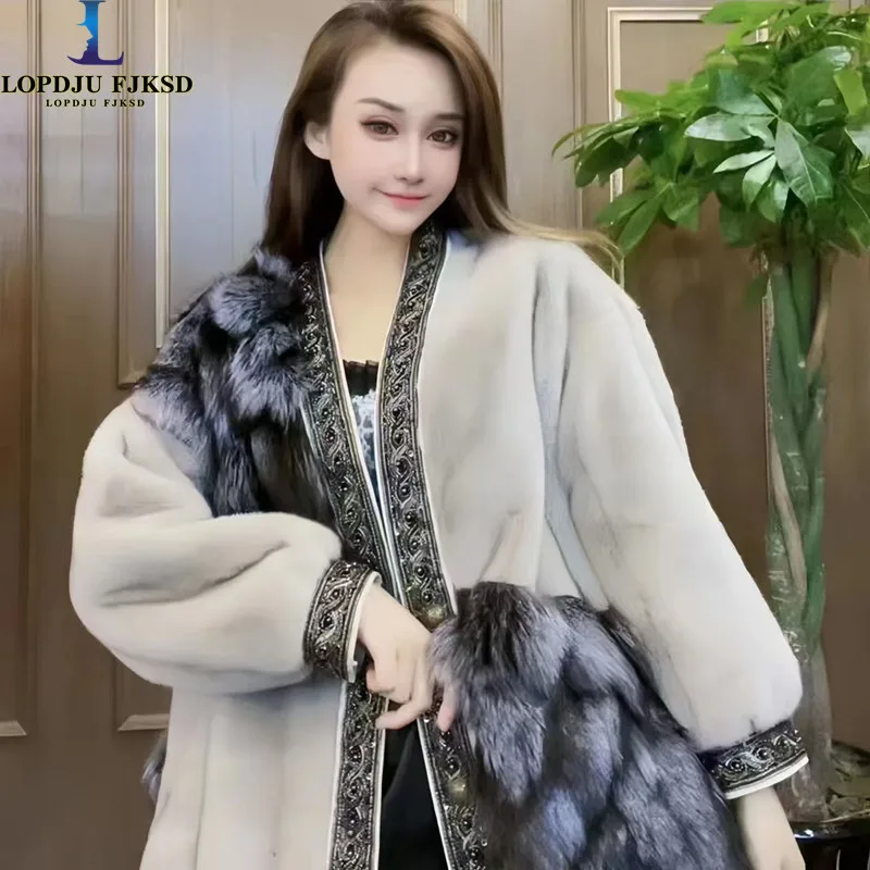 Women\'s Fur Beading Jacket,Korean Female Overcoat,Loose, Thicken Warm Long Clothes, Winter Tops, New