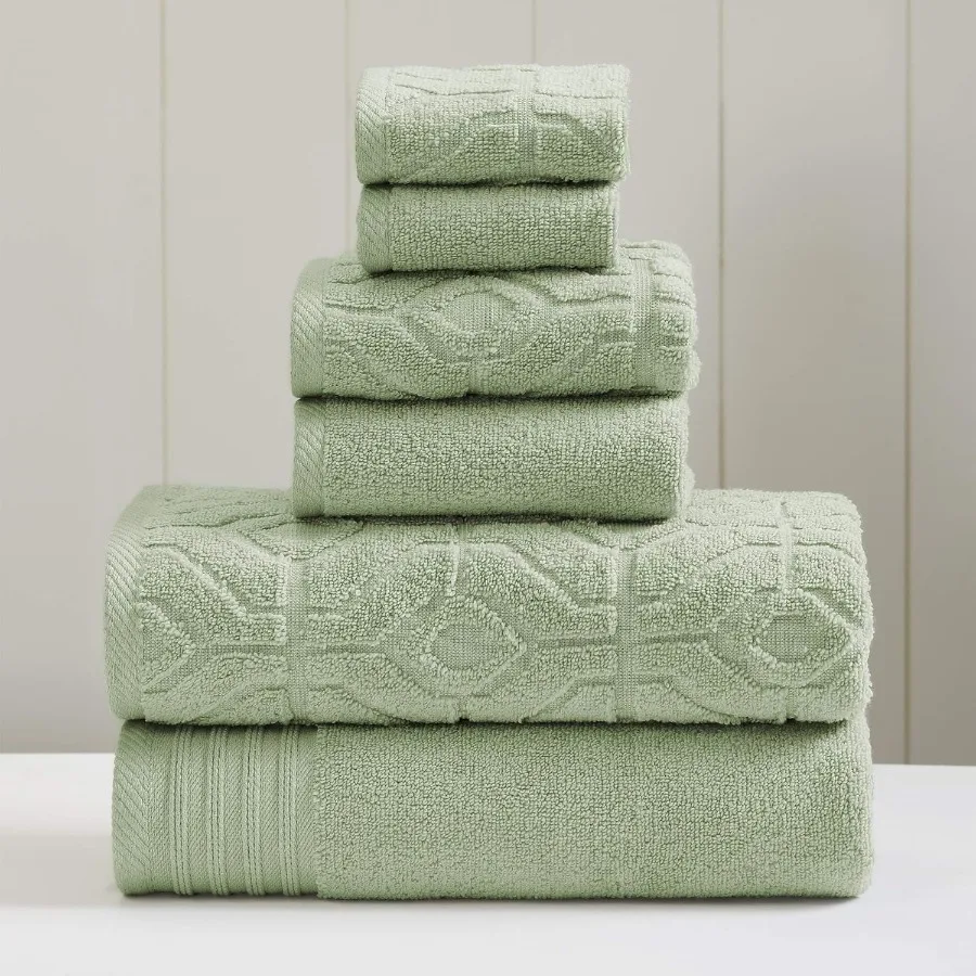 

6 Piece Set Including 2 Bath Towels 2 Hand Towels and 2 Washcloths with YarnDyed Diamond Gate Jacquard Design in Green for Bath