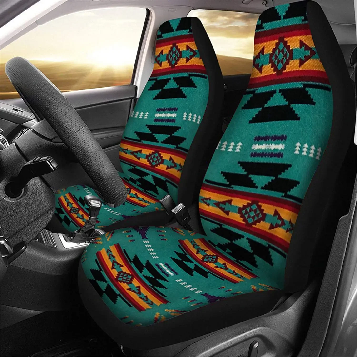 

Vintage South West American Pattern Navajo Green Soft Decorative Car Front Seat Covers Full Set of 2 Universal