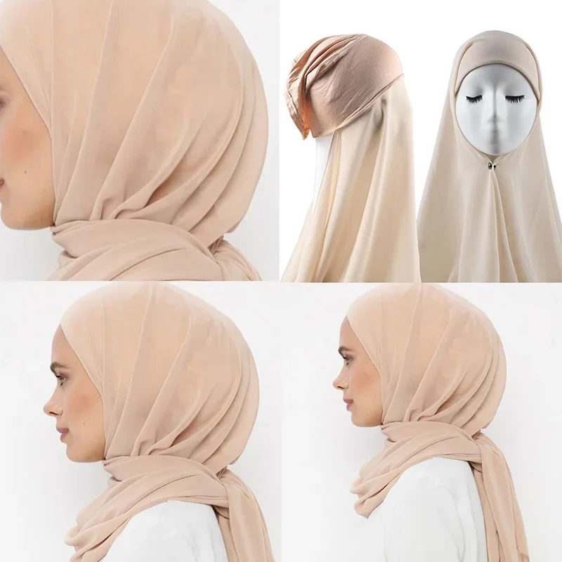 Instant Underscarf Plain Chiffon Hijab With Inner Jersey Moadal Caps Long Scarf Matching Undercap Set