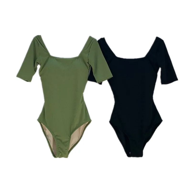 Minsu 2025 Nuevo traje de baño conservador de una pieza sin espalda para mujer, bikini de aguas termales retro adelgazante y que cubre la barriga