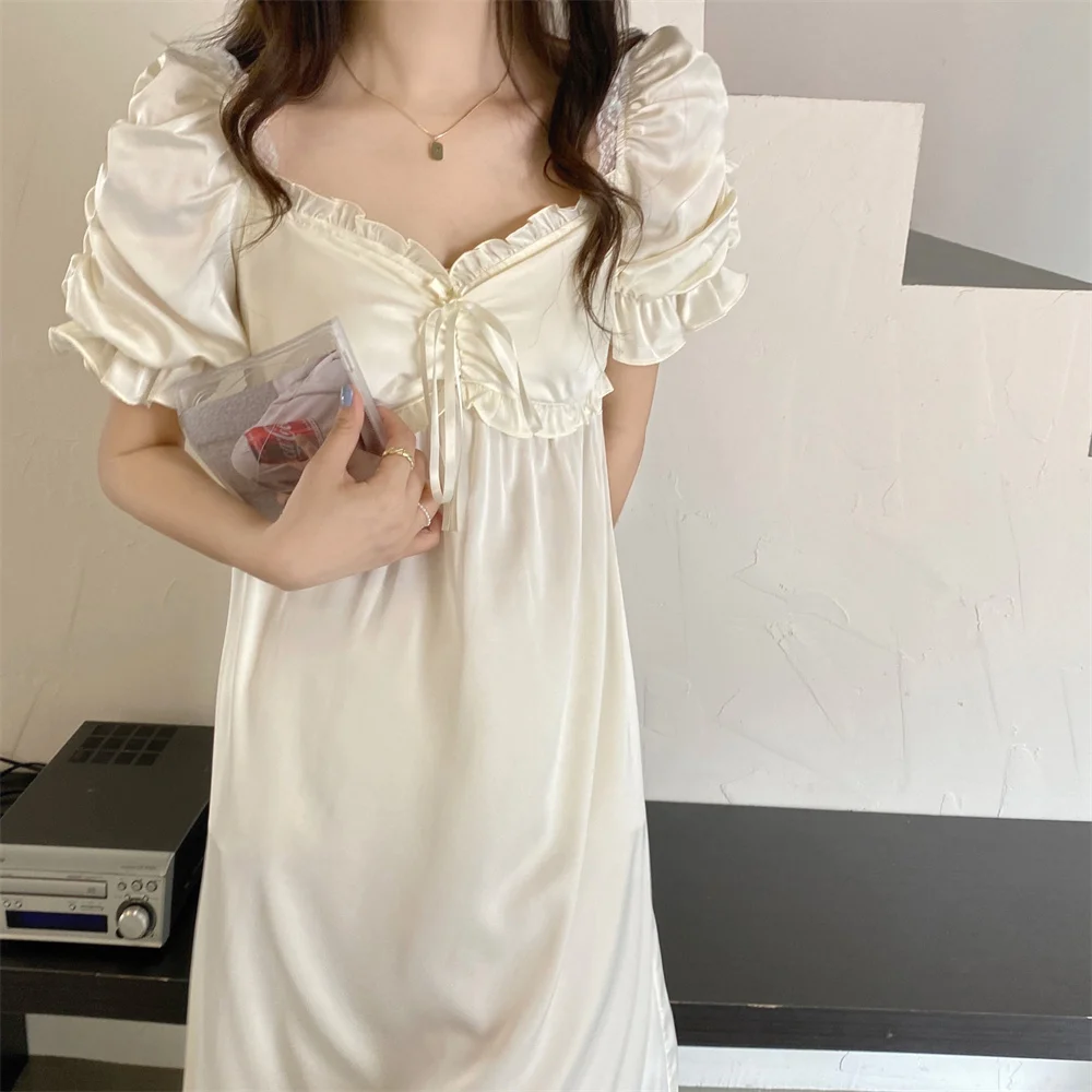 Court Style Nightgown 2023 New Women Long Nightdress Retro Elegant Sleepwear Loose Casual Silk Satin Home Dress Loungewear