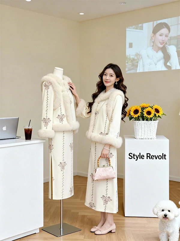 

Spring 2026 Chinese Sle National Trend Set Pure White Moonlight Improved Long Skirt Fur Vest Two Piece Set