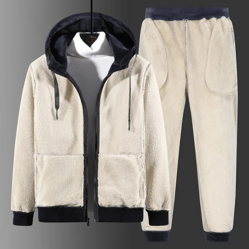 Fato de treino de lã de cordeiro quente grosso masculino, jaqueta e calça com capuz, roupas esportivas, tamanho grande, 8XL, conjunto 2 peças,