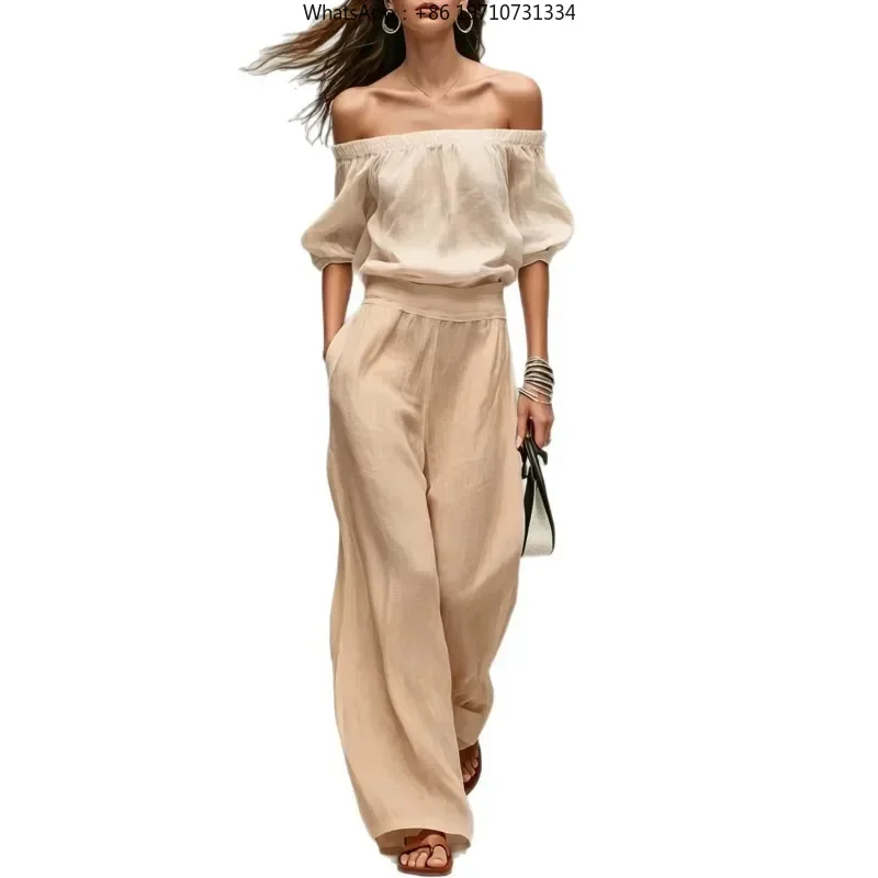 Women Off Shoulder 2 Piece Outfit Puff Sleeve Top Wide Leg Pants Linen Set Summer Vacation Matching Suit