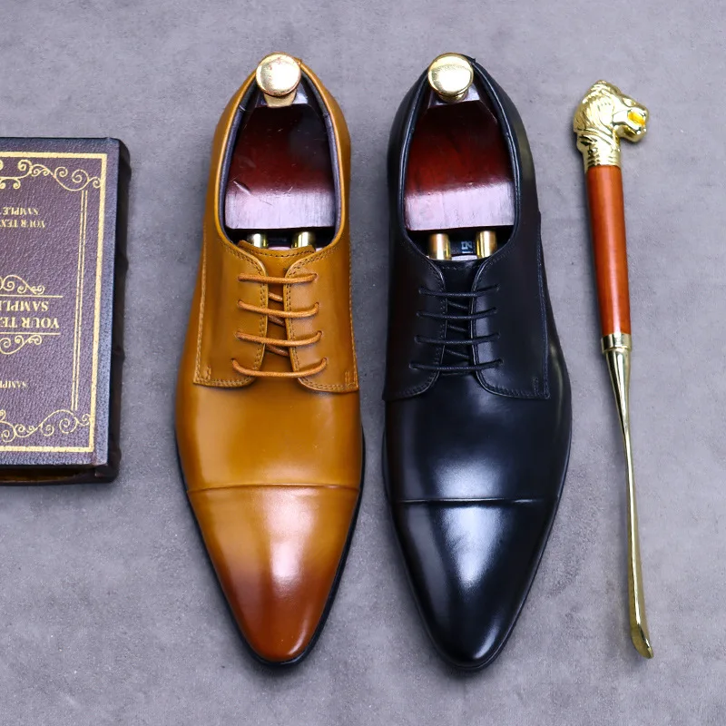 New Leather Shoes Pointed Toe New British Business Men's Formal Men's Shoes Three-Joint Large Size Genuine Leather Wedding Shoes