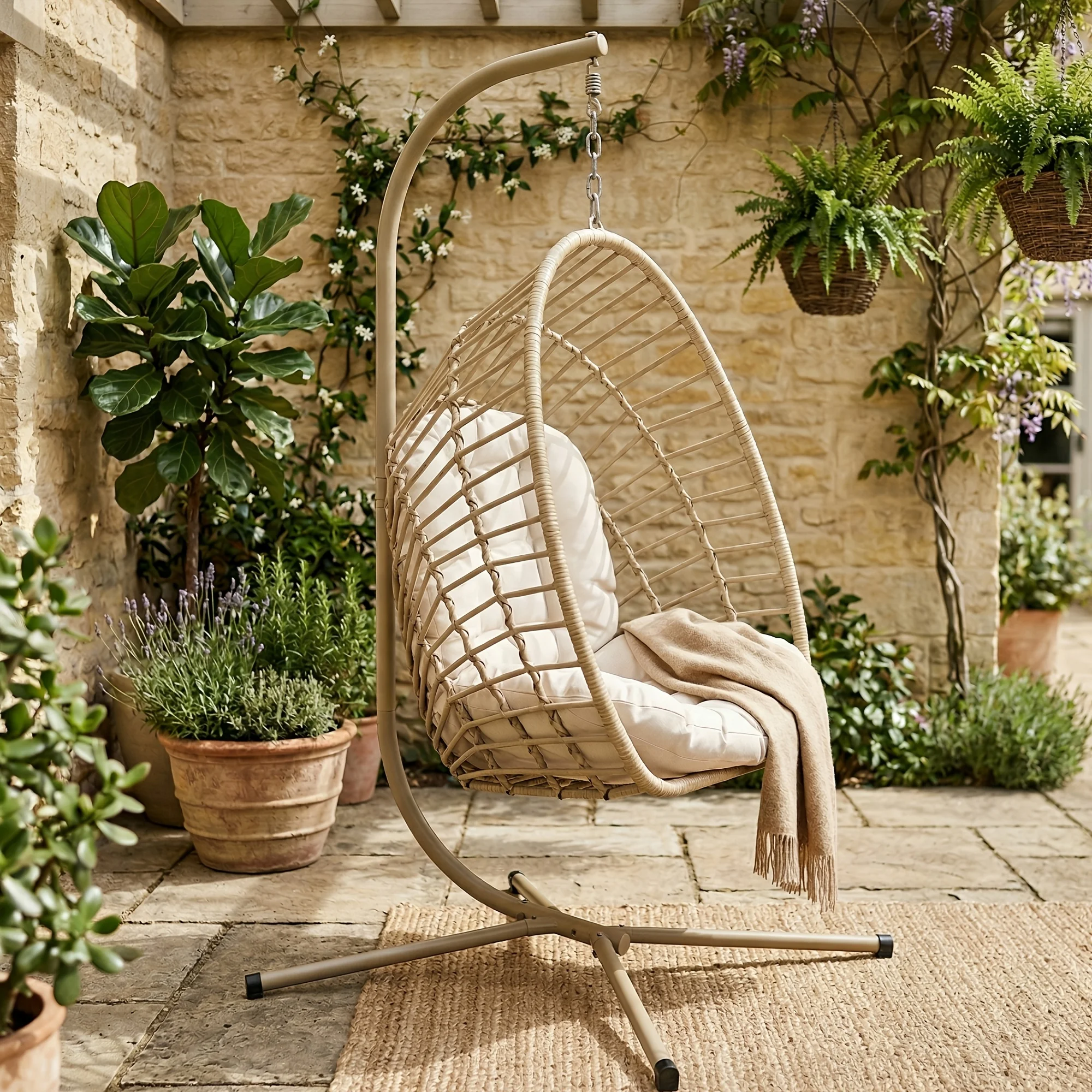 Hanging Egg Chair with Stand Only for Outdoor, Foldable Rattan Wicker Hammock Egg Swing Chair for Porch Patio Garden