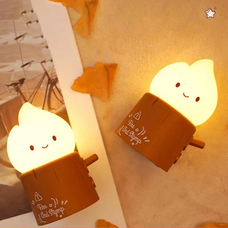 เด็ก Night Light 2 เกียร์ปรับโคมไฟตั้งโต๊ะใน Tree Stump เปลวไฟรูปร่าง Soft Light USB ชาร์จโต๊ะโคมไฟตั้งโต๊ะสําหรับเด็ก Bo