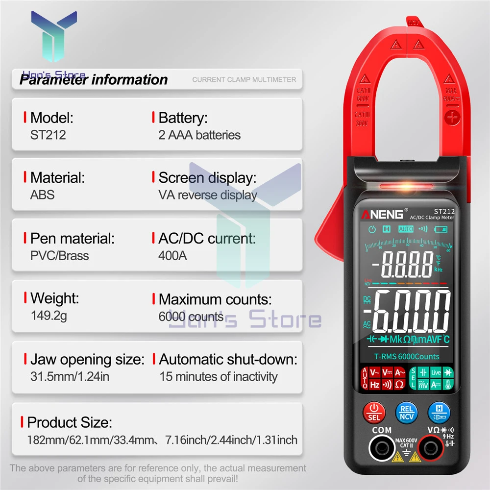 ANENG  ST212 PRO Digital Clamp Meter NCV Ohm Test 6000 Counts Multimeter DC/AC Voltage Current Tester Car Amp Hz Color Screen