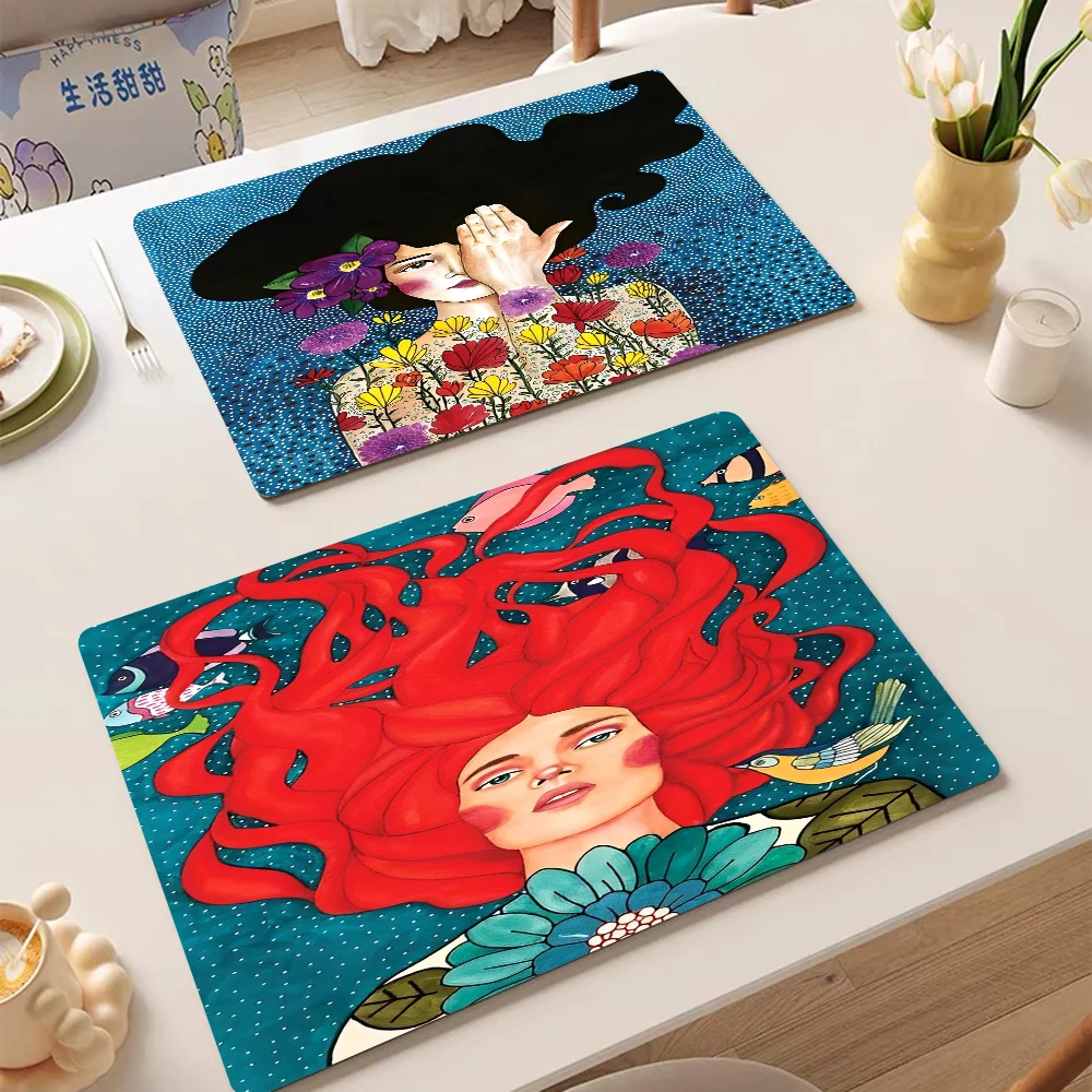 

Abstract Flowers Girl Hair Kitchen Tableware Dish Drying Mats Desk Drain Pad Heat Resistant Counter Top Mat Non-slip Placemat