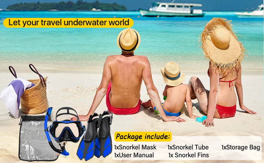 Schnorchel-Set mit Panorama-Sichtmaske, Verstellbaren Tauchflossen, Trocken-Schnorchel und Reisetasche - Schnorchelausrüstung für Erwachsene – Detail 4