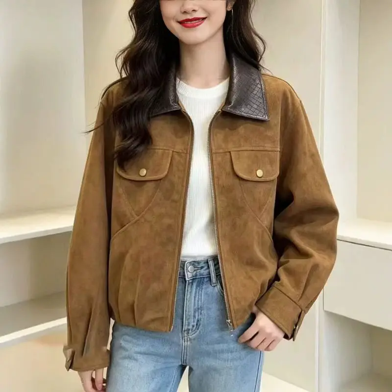 2026 Autumn Female Retro Brown Collar Jacket Women'sNew Product Loose Short Coat Versatile Commuting Style Zipper Coat