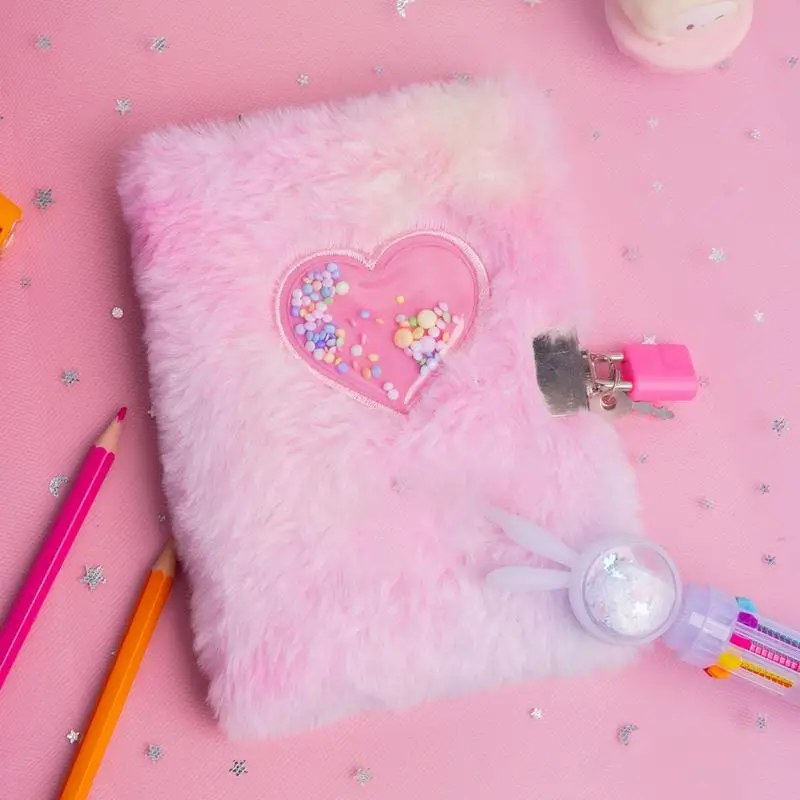 A6 Fluffy Journal with Lock Soft Fuzzy Diary Decorative Girls Heart Pattern Secret Notebook for School Office Supplies