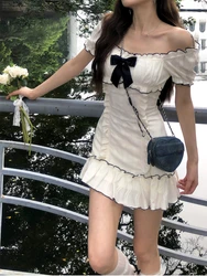 2024 Summer Woman Short Sleeve Y2k Mini Dress Party Slim Sweet Bow Dress Casual Outwear One Piece Dress Korean Fashion Chic