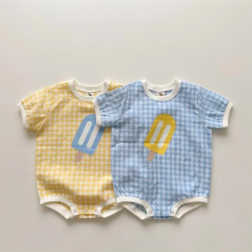 

2026 Summer New Baby Short Sleeve Plaid Bodysuit Infant Girl Cute Cartoon Print Jumpsuit Thin Cotton Newborn Clothes 0-24M
