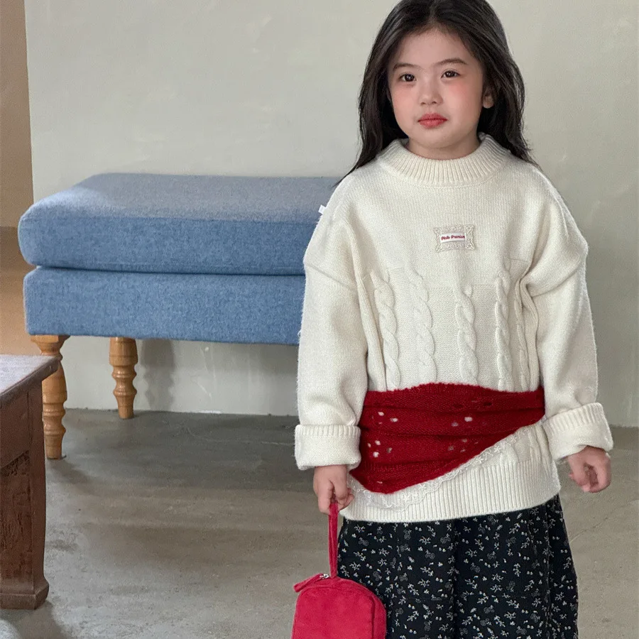 

Свитер для девочек 2025, зима, новая корейская версия, расширенный дизайн, наклейка, пуловер с жареным тестом, свитер, милый повседневный свитер