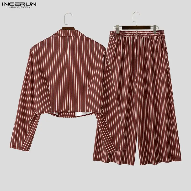 INCERUN Set da uomo a righe elegante risvolto manica lunga giacca corta e pantaloni a gamba larga 2 pezzi streetwear abiti casual da uomo moda allentata