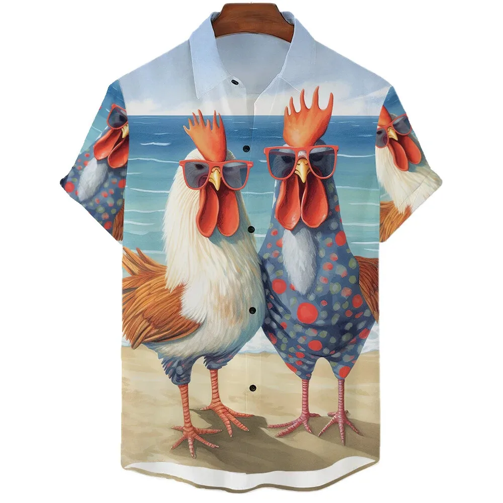 Hawaiian Beach Vacation Men\'s Shirt Funny Vacation Chicken Men\'s Short Sleeve Casual Shirt Beach Wear Tops Oversized T-shirt