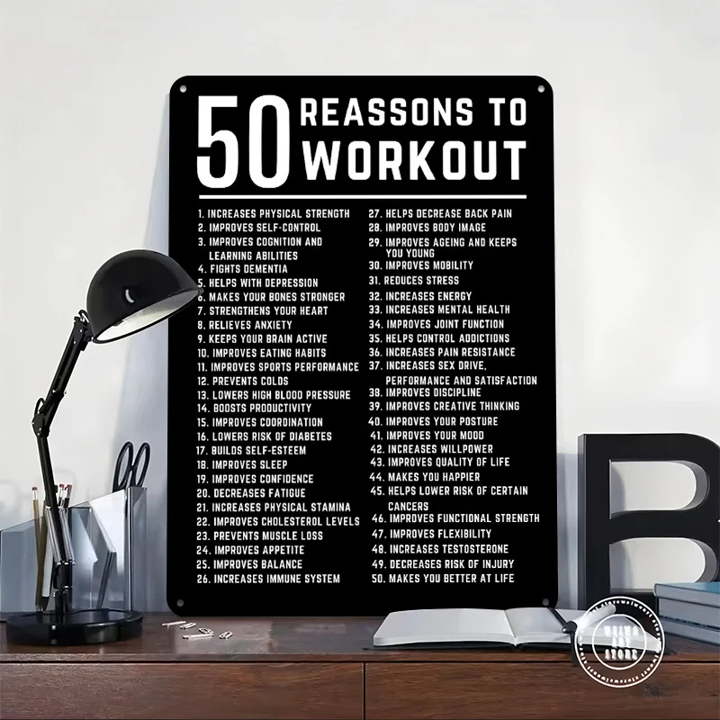 50 Reasons to Workout Poster Customized Vintage Metal Signs Wall Art Retro Tin Plaque for Room Accessories Office Decoration
