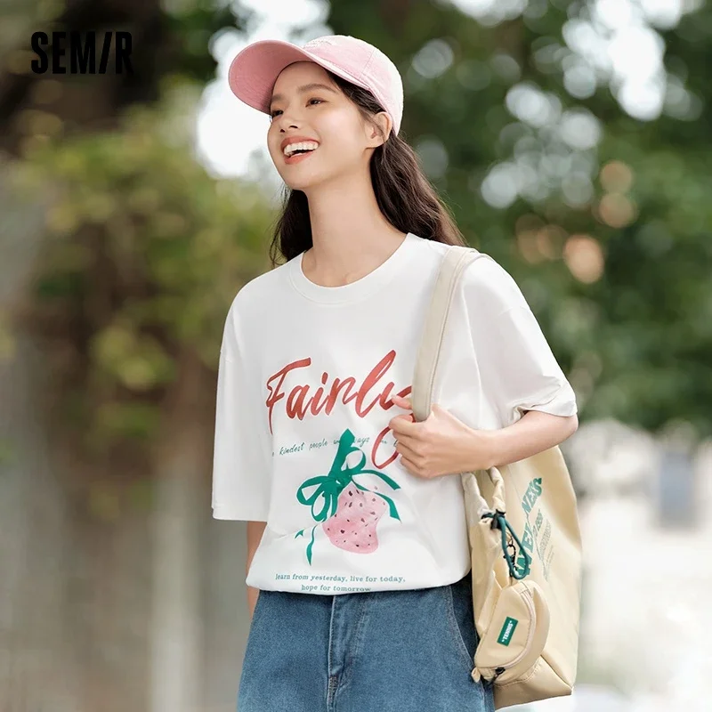 

Semir Short-Sleeved T-Shirt Women Mid-Length Dropped Shoulders Loose And Casual 2024 Summer New Fruit And Letter Print Top