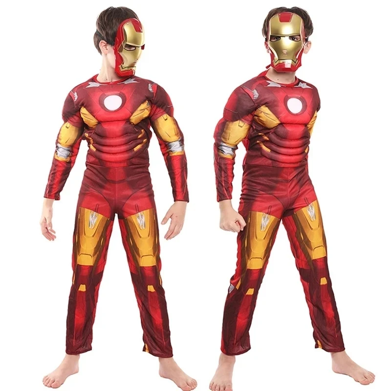 Homem de Ferro Cosplay Muscular para Crianças, Macacão, Máscara, Luvas, Bodysuit, Halloween, Presentes de Aniversário, Super-herói, Menino