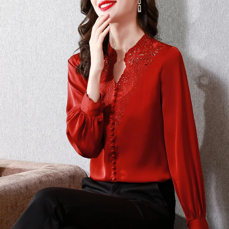 #2524 Red Blue Satin Womens Tops And Blouses V-neck Embroidery Hollow Out Basic Blouse Buttons Long Sleeve Woman Shirts Spring