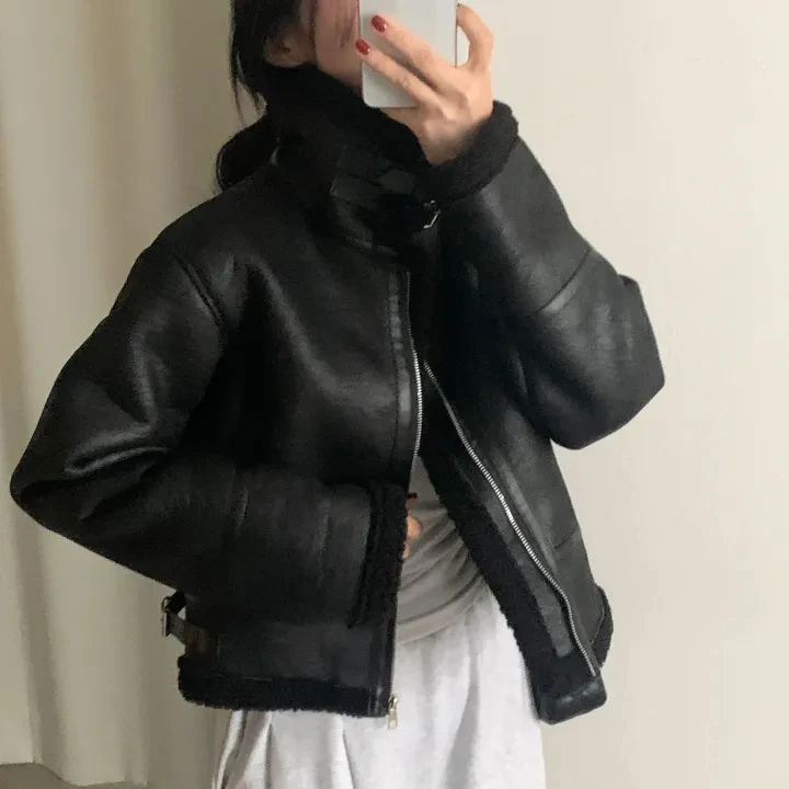 슬리 레트로 스웨이드 모터사이클 재킷 여성용 패셔너블 루즈 코튼 탑 가죽 퍼 인티메이티드 트렌디 한국 버전